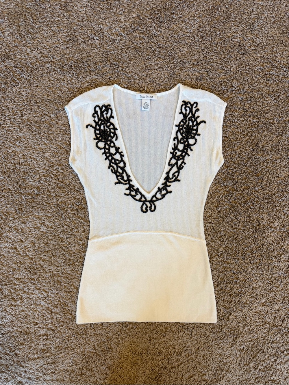 White House Black Market Silk Blouse Top in Ivory & Black Beaded Neckline